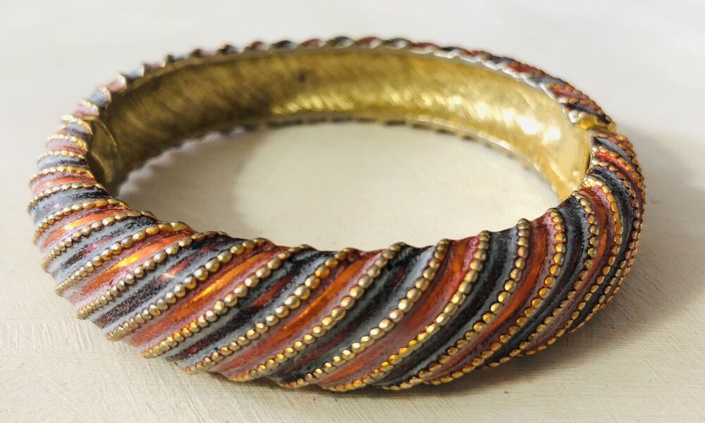 Bangle Bracelet Goldtone Metal Red Stripes Unsigned Vintage Chunky Hinged